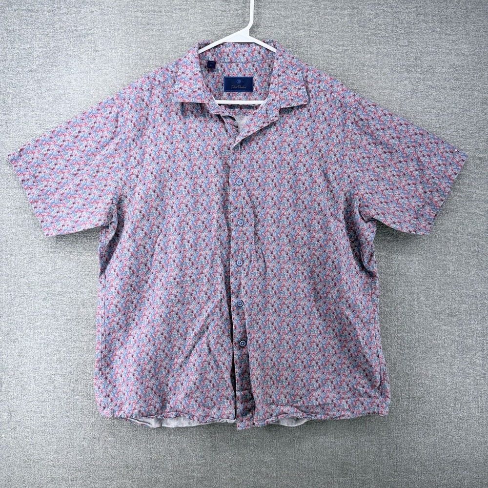 David Donahue Short Sleeve Shirt Men Size XL Pineapple Pink Print Linen Blend